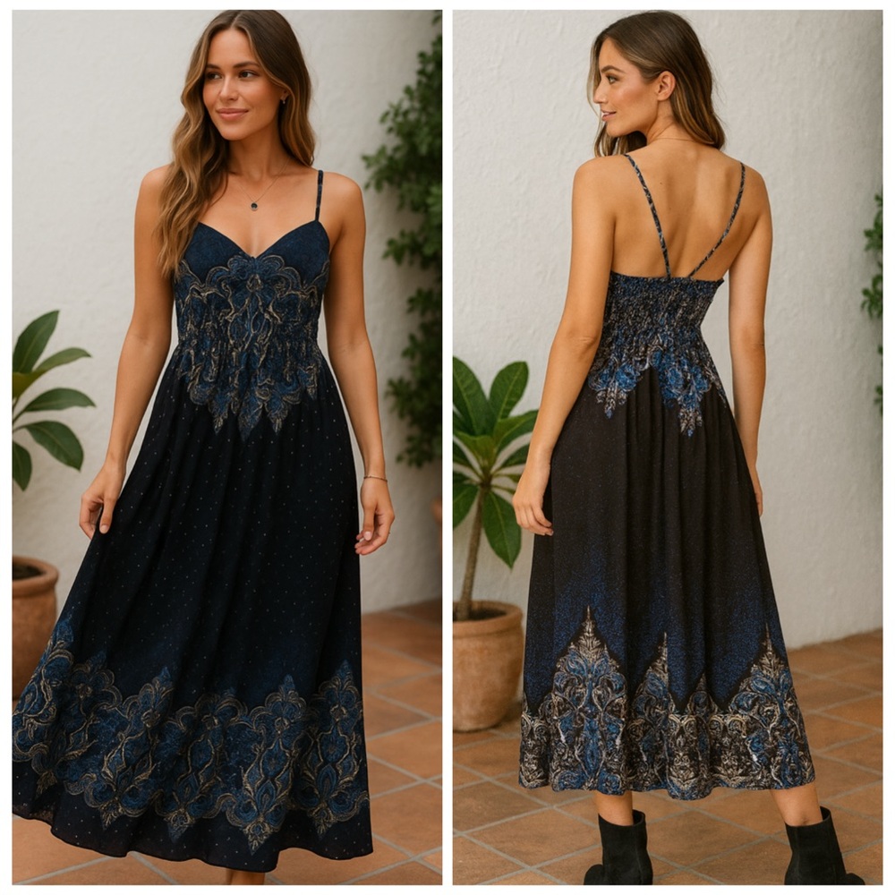 FREE PEOPLE Black Blue Boho Printed Sleeveless Button Front Maxi Dress Small - Picture 2 of 16